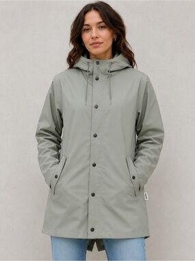 RAINS Jacket W3 Women’s Waterproof Hooded Raincoat Drift gray green size medium